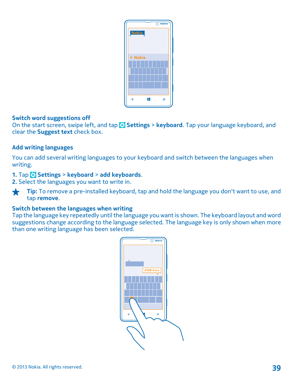 Add writing languages | Nokia Lumia 820 User Manual | Page 39 / 121