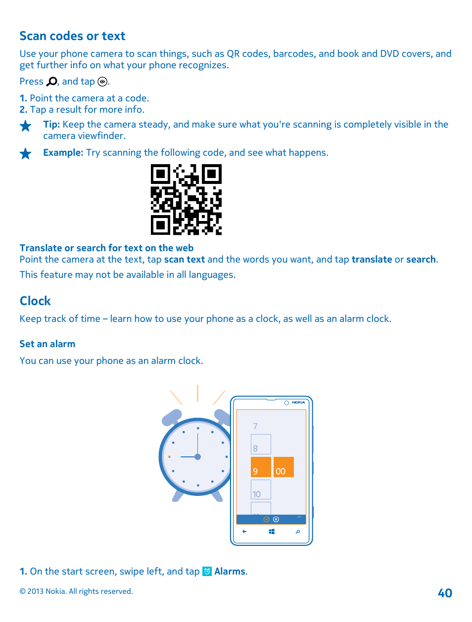 Scan codes or text, Clock, Set an alarm | Clock 40 | Nokia Lumia 820 User Manual | Page 40 / 121