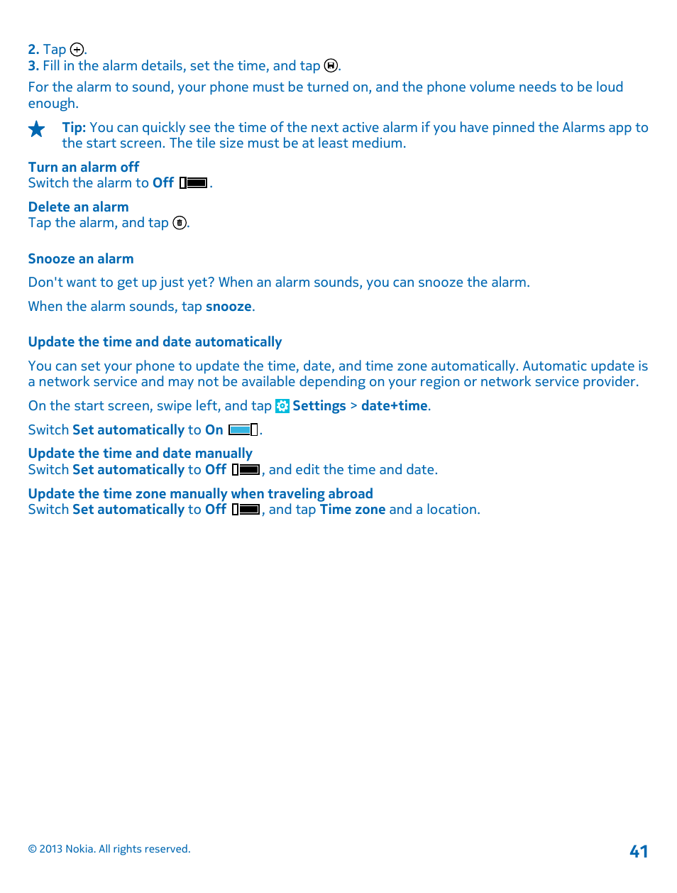 Snooze an alarm, Update the time and date automatically | Nokia Lumia 820 User Manual | Page 41 / 121