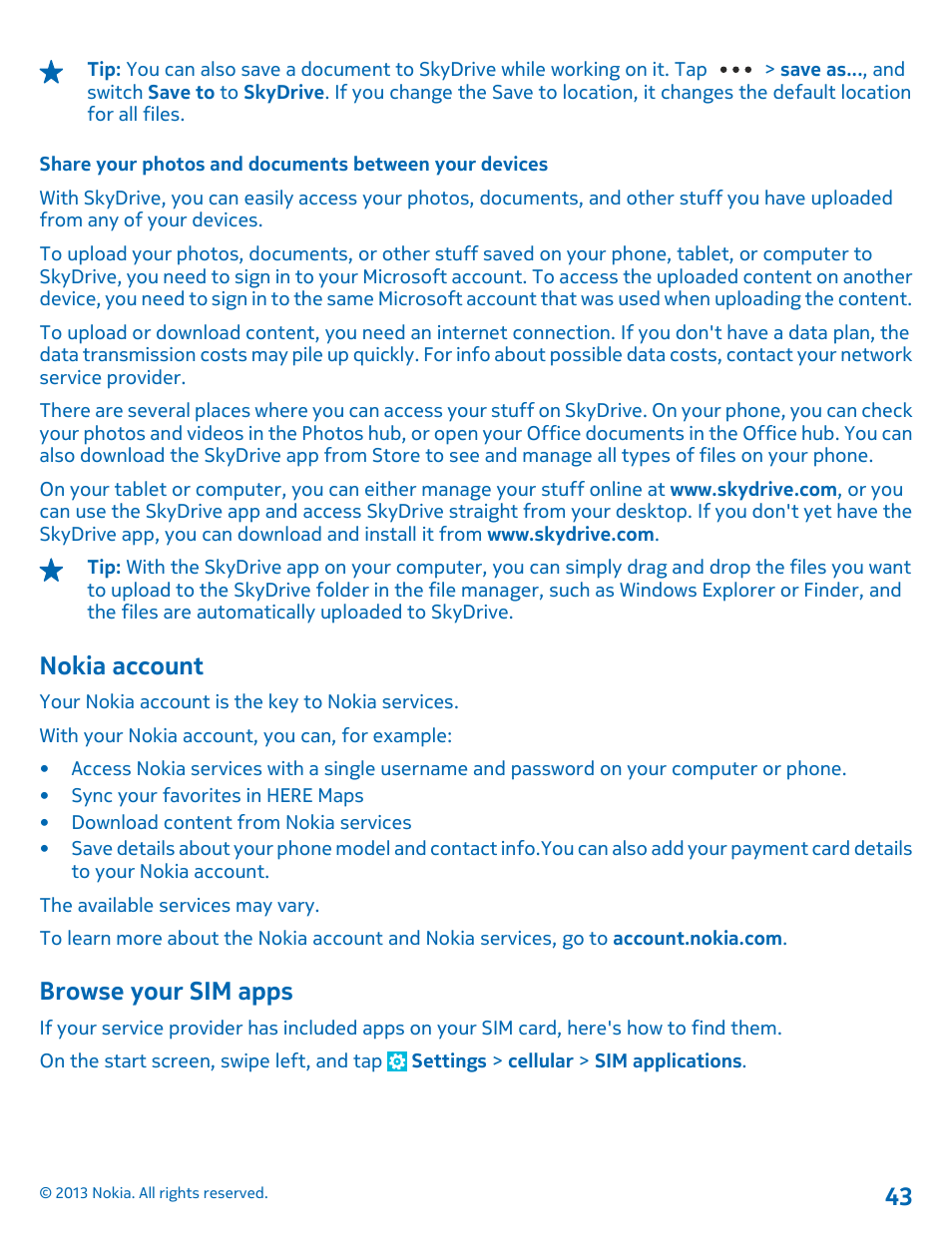 Nokia account, Browse your sim apps | Nokia Lumia 820 User Manual | Page 43 / 121