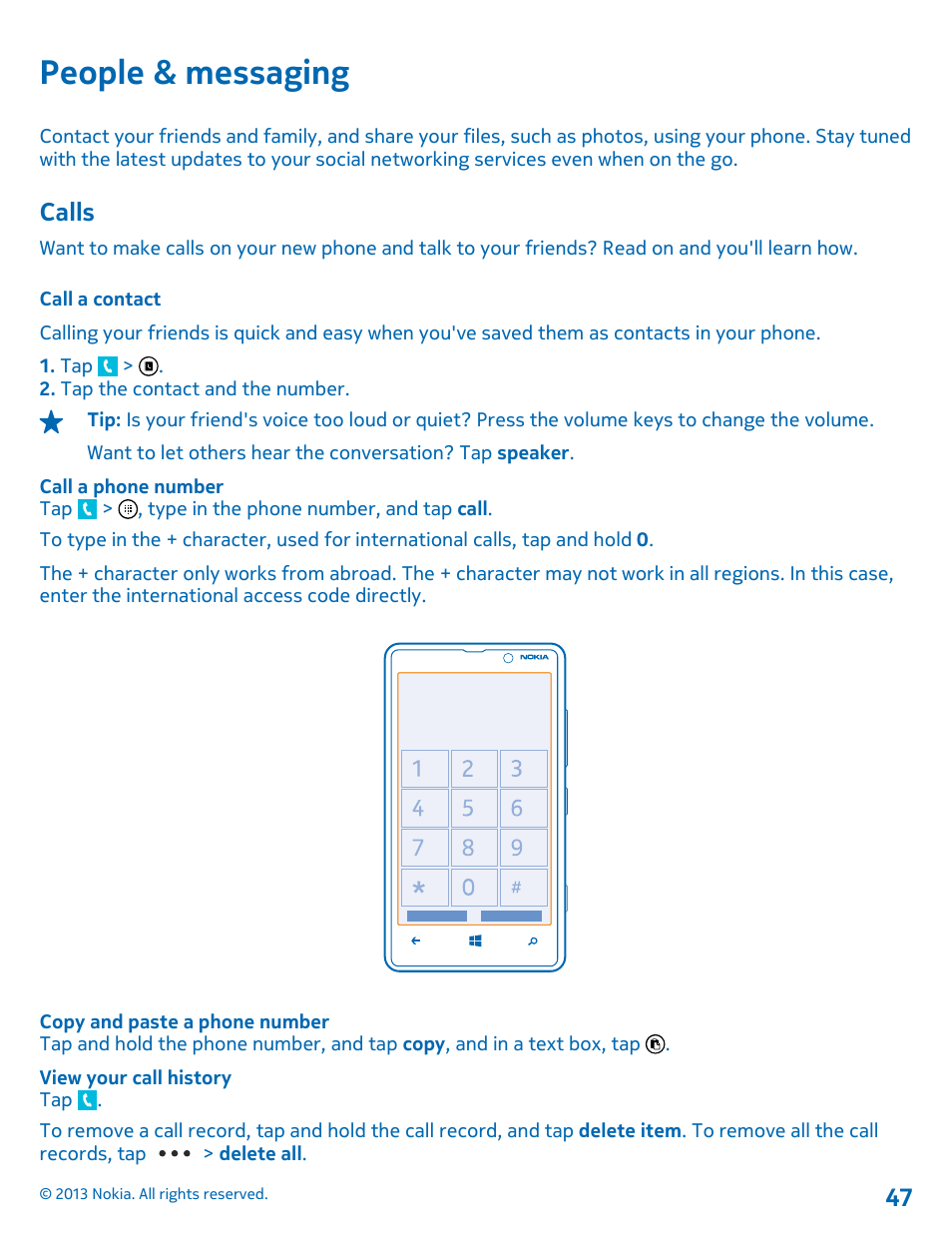 People & messaging, Calls, Call a contact | Calls 47 | Nokia Lumia 820 User Manual | Page 47 / 121
