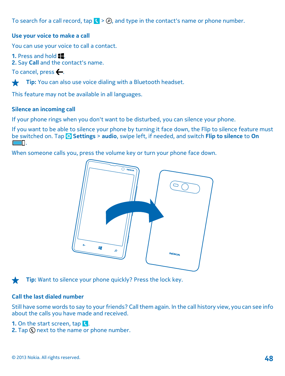 Use your voice to make a call, Silence an incoming call, Call the last dialed number | Nokia Lumia 820 User Manual | Page 48 / 121