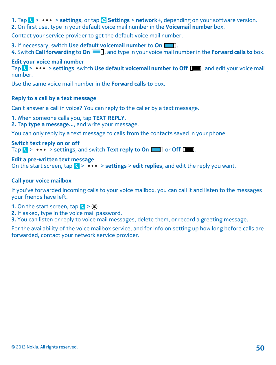 Reply to a call by a text message, Call your voice mailbox | Nokia Lumia 820 User Manual | Page 50 / 121