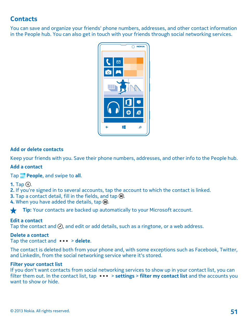 Contacts, Add or delete contacts, Contacts 51 | Nokia Lumia 820 User Manual | Page 51 / 121