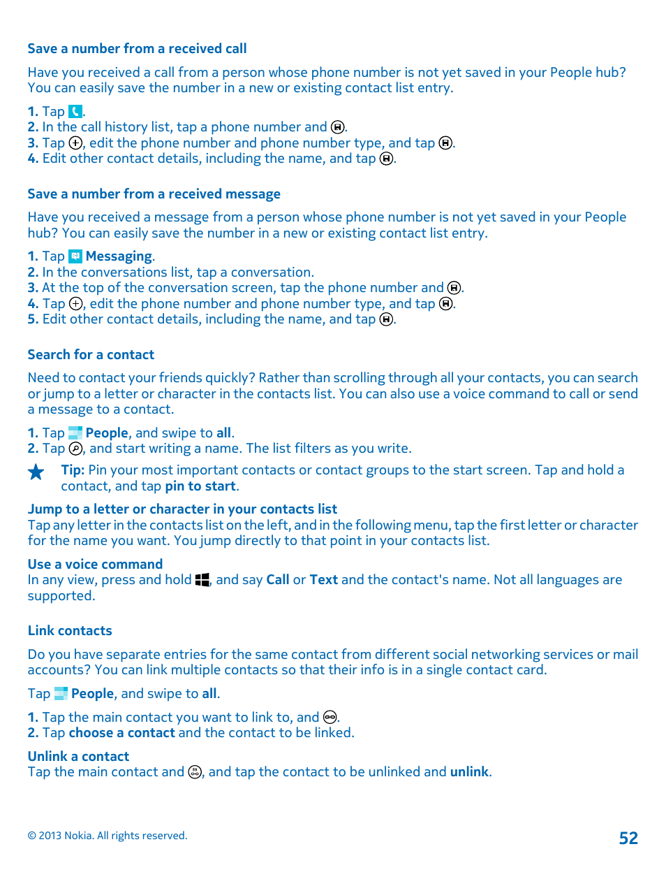 Save a number from a received call, Save a number from a received message, Search for a contact | Link contacts | Nokia Lumia 820 User Manual | Page 52 / 121