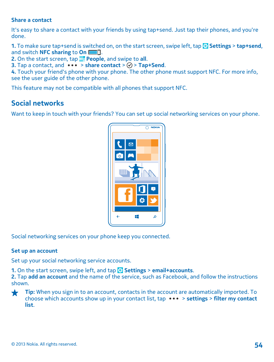 Share a contact, Social networks, Set up an account | Nokia Lumia 820 User Manual | Page 54 / 121