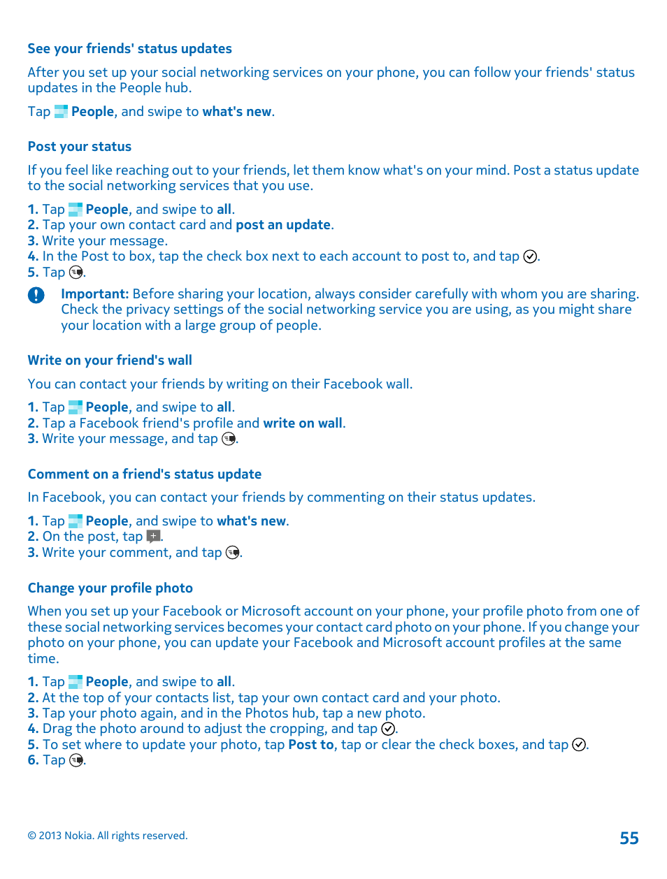 See your friends' status updates, Post your status, Write on your friend's wall | Comment on a friend's status update, Change your profile photo | Nokia Lumia 820 User Manual | Page 55 / 121