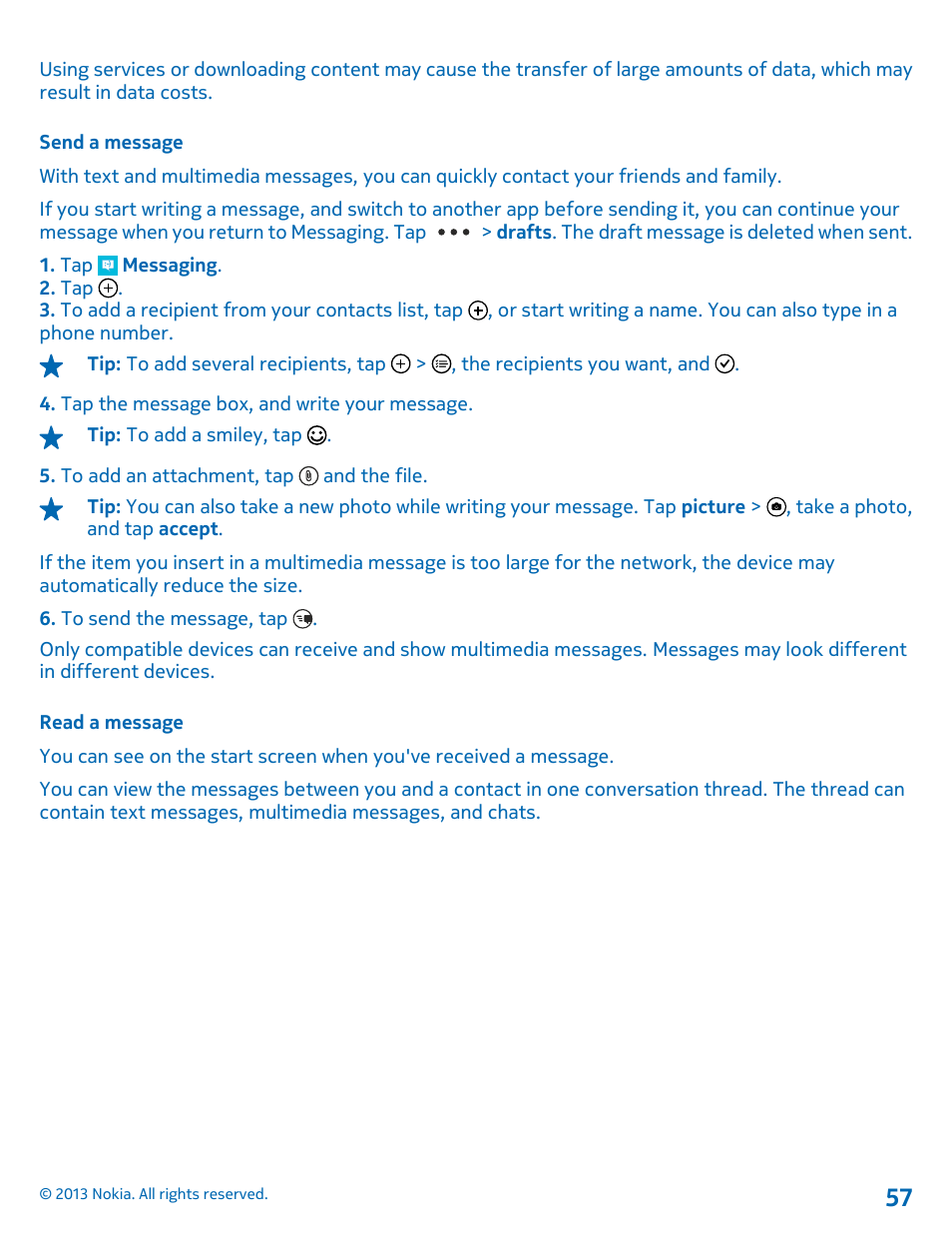 Send a message, Read a message | Nokia Lumia 820 User Manual | Page 57 / 121