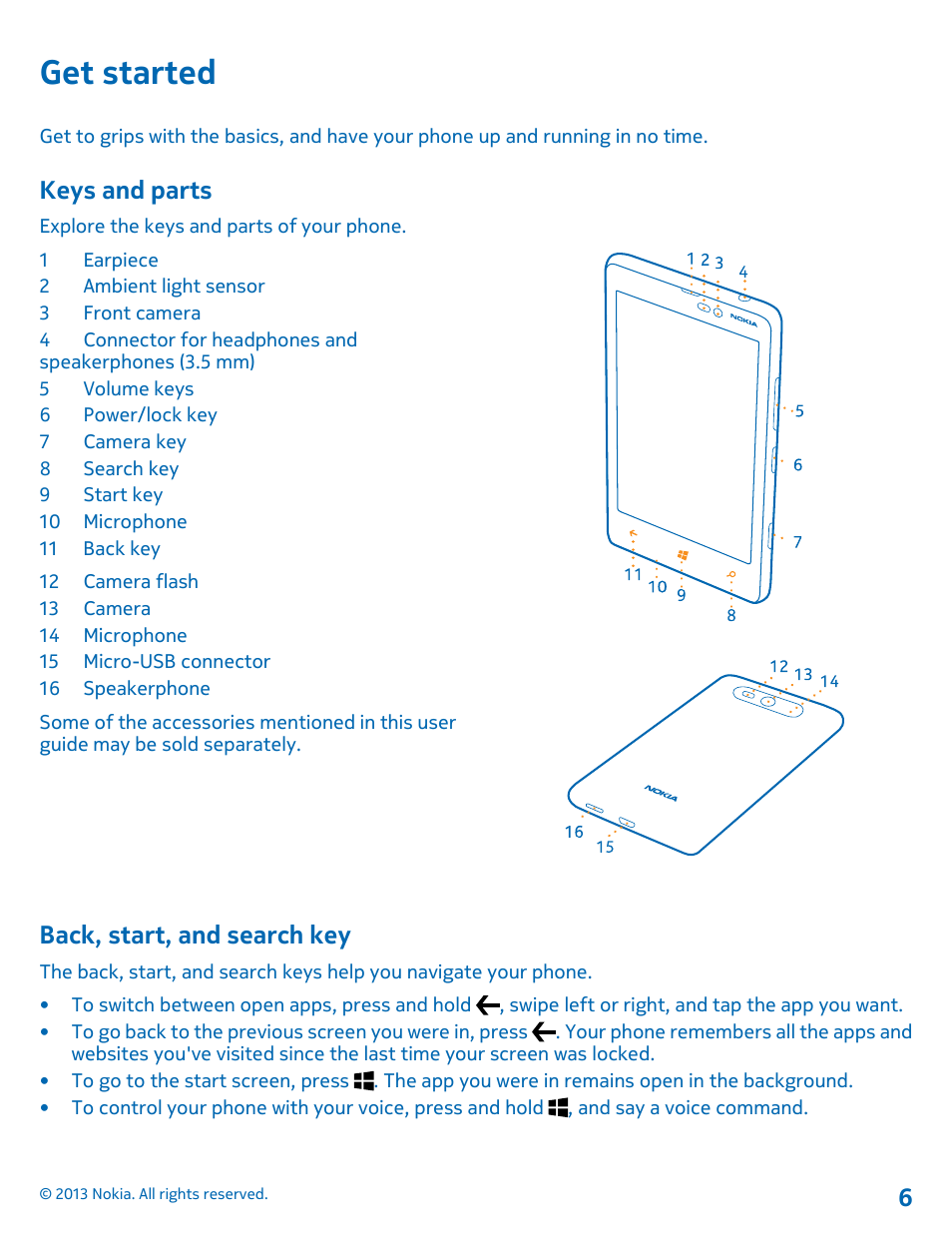 Get started, Keys and parts, Back, start, and search key | Nokia Lumia 820 User Manual | Page 6 / 121