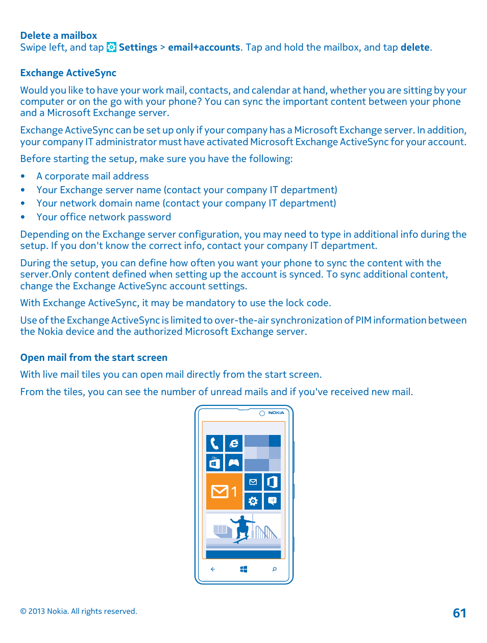 Exchange activesync, Open mail from the start screen | Nokia Lumia 820 User Manual | Page 61 / 121
