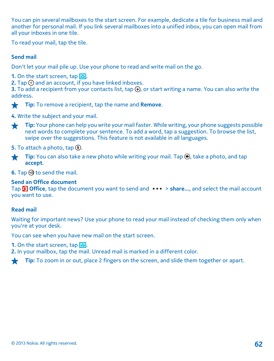 Send mail, Read mail | Nokia Lumia 820 User Manual | Page 62 / 121