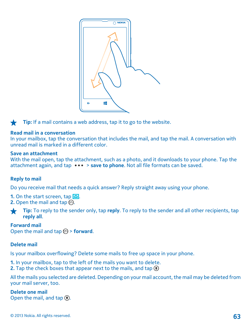 Reply to mail, Delete mail | Nokia Lumia 820 User Manual | Page 63 / 121