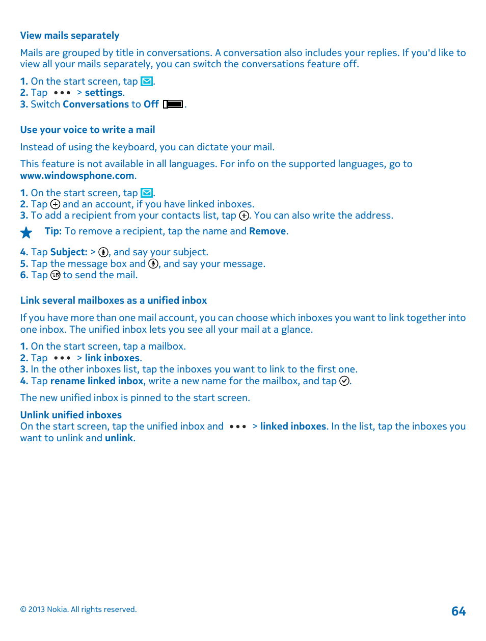 View mails separately, Use your voice to write a mail, Link several mailboxes as a unified inbox | Nokia Lumia 820 User Manual | Page 64 / 121