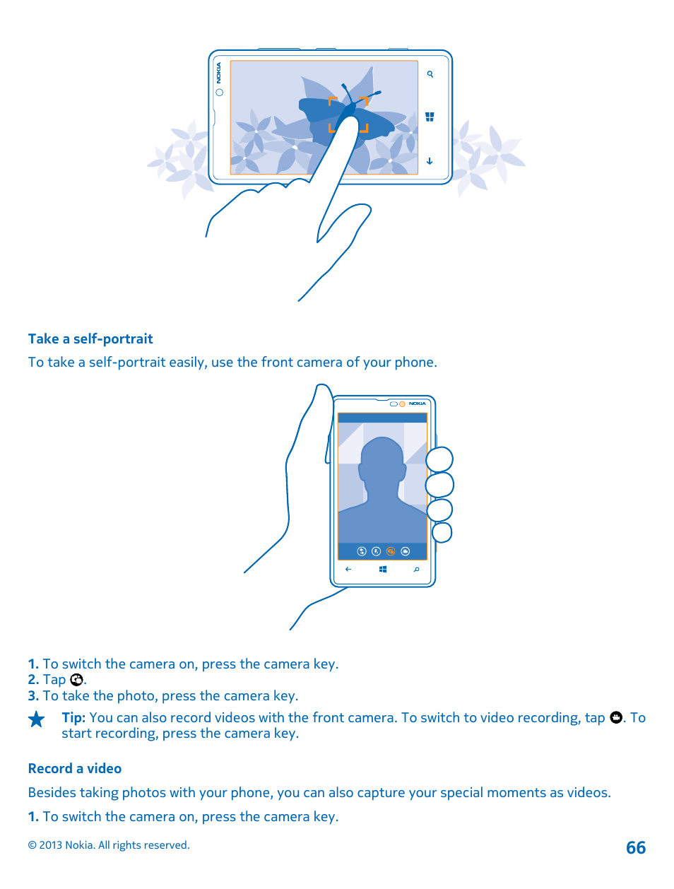 Take a self-portrait, Record a video | Nokia Lumia 820 User Manual | Page 66 / 121