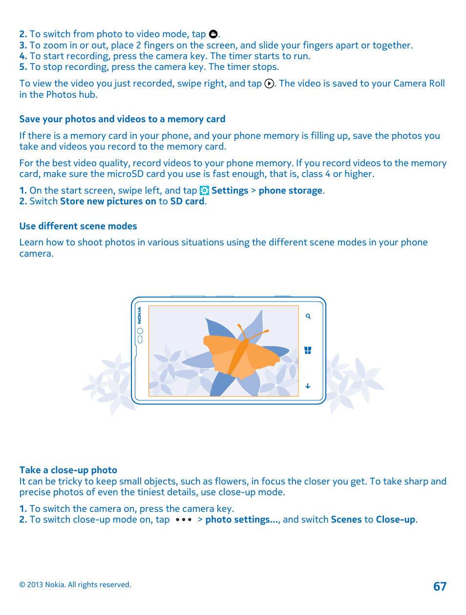 Save your photos and videos to a memory card, Use different scene modes, Take a close-up photo | Nokia Lumia 820 User Manual | Page 67 / 121