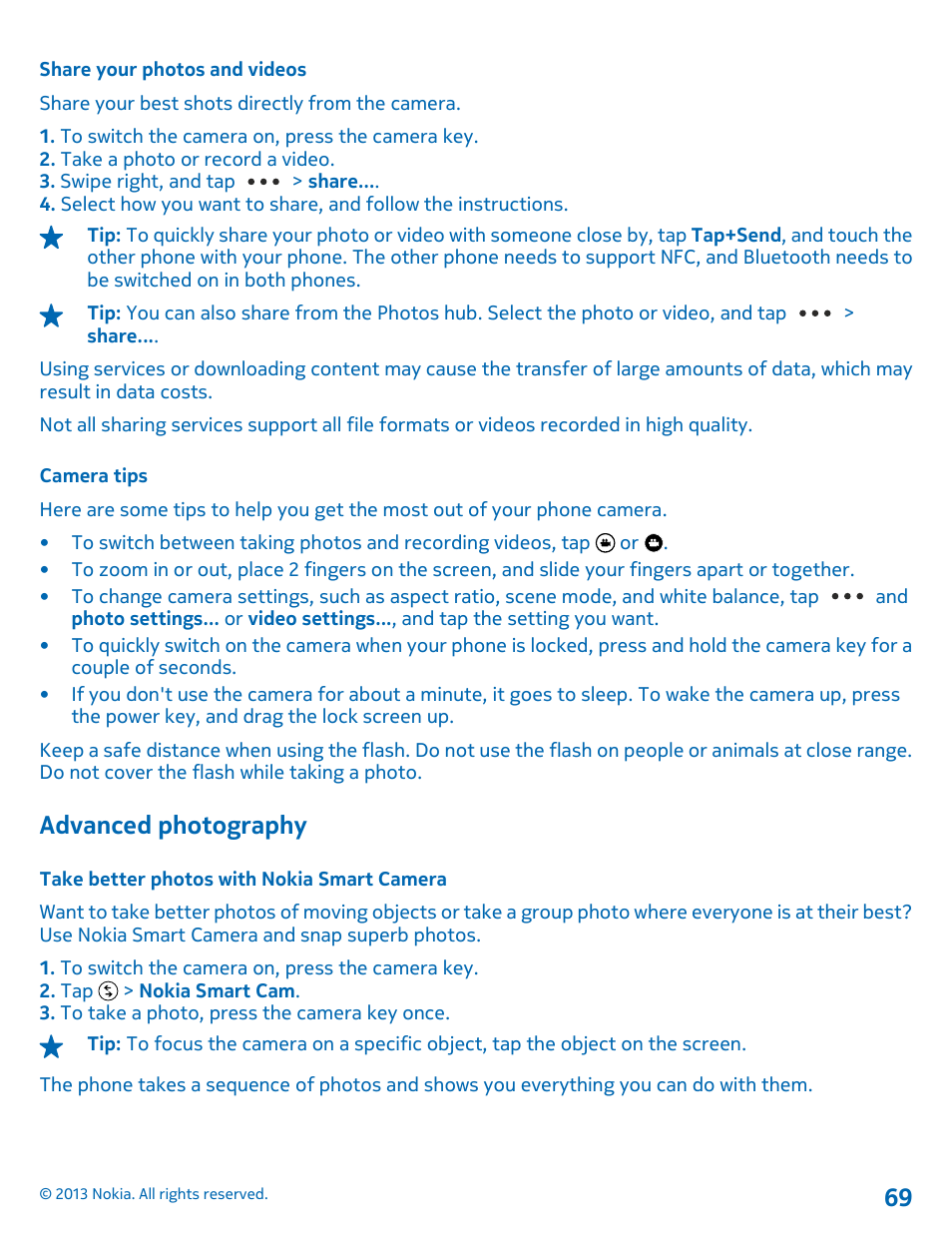 Share your photos and videos, Camera tips, Advanced photography | Take better photos with nokia smart camera | Nokia Lumia 820 User Manual | Page 69 / 121