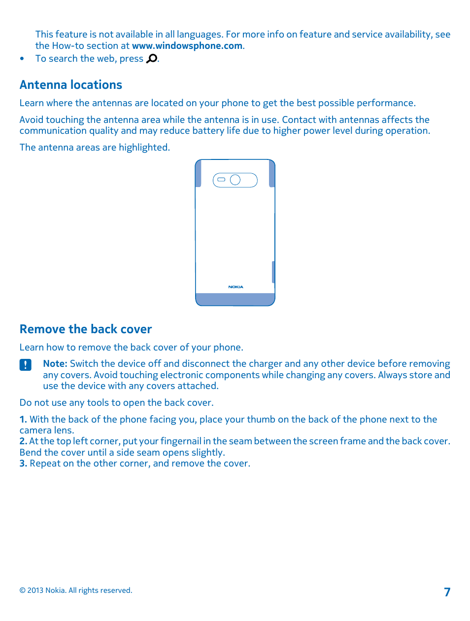 Antenna locations, Remove the back cover | Nokia Lumia 820 User Manual | Page 7 / 121