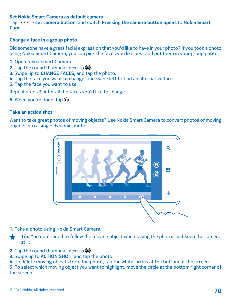 Change a face in a group photo, Take an action shot | Nokia Lumia 820 User Manual | Page 70 / 121