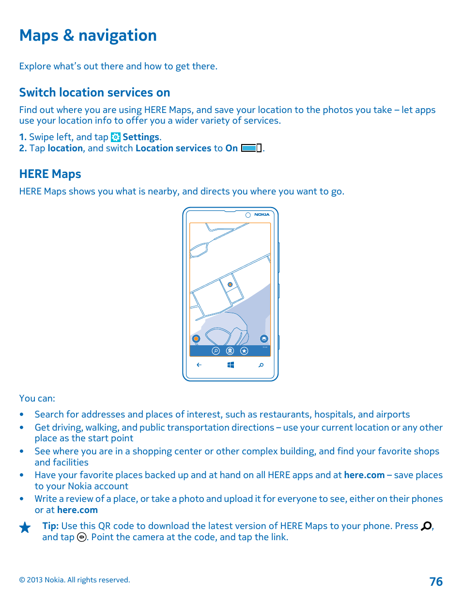 Maps & navigation, Switch location services on, Here maps | Nokia Lumia 820 User Manual | Page 76 / 121