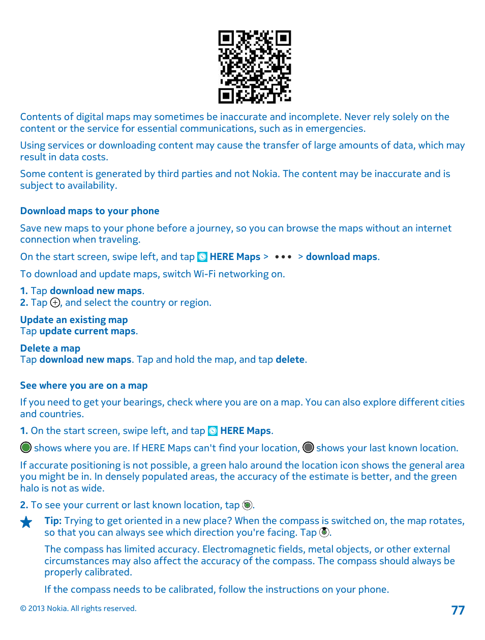 Download maps to your phone, See where you are on a map | Nokia Lumia 820 User Manual | Page 77 / 121