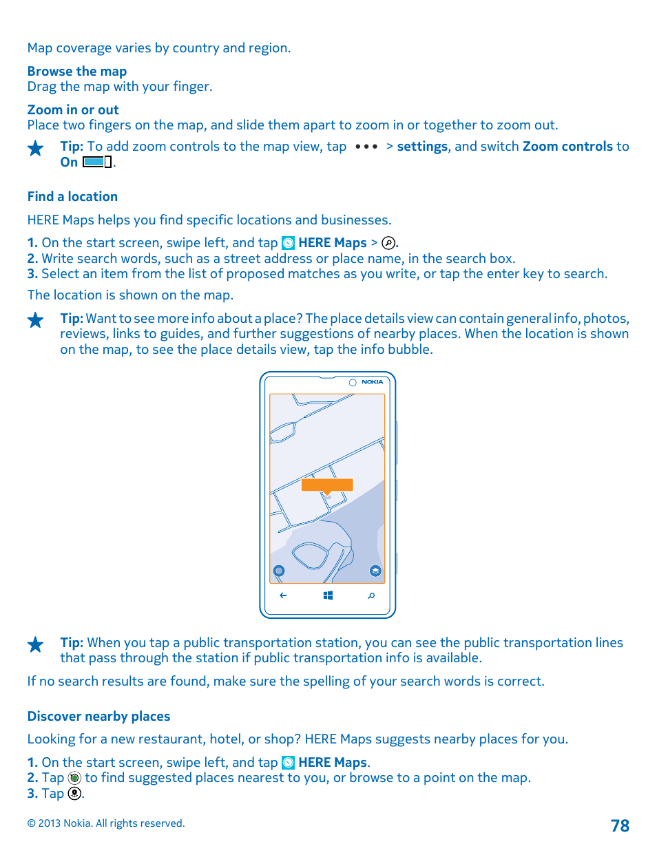 Find a location, Discover nearby places | Nokia Lumia 820 User Manual | Page 78 / 121