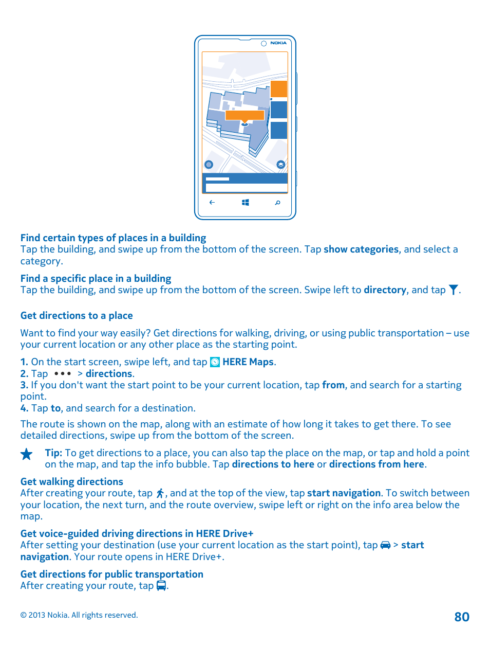 Get directions to a place | Nokia Lumia 820 User Manual | Page 80 / 121