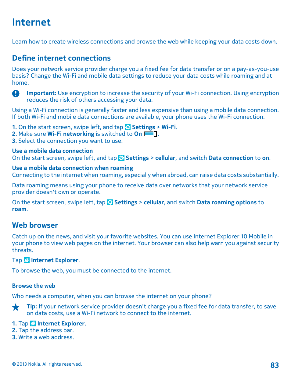 Internet, Define internet connections, Web browser | Browse the web, Internet 83 define internet connections | Nokia Lumia 820 User Manual | Page 83 / 121