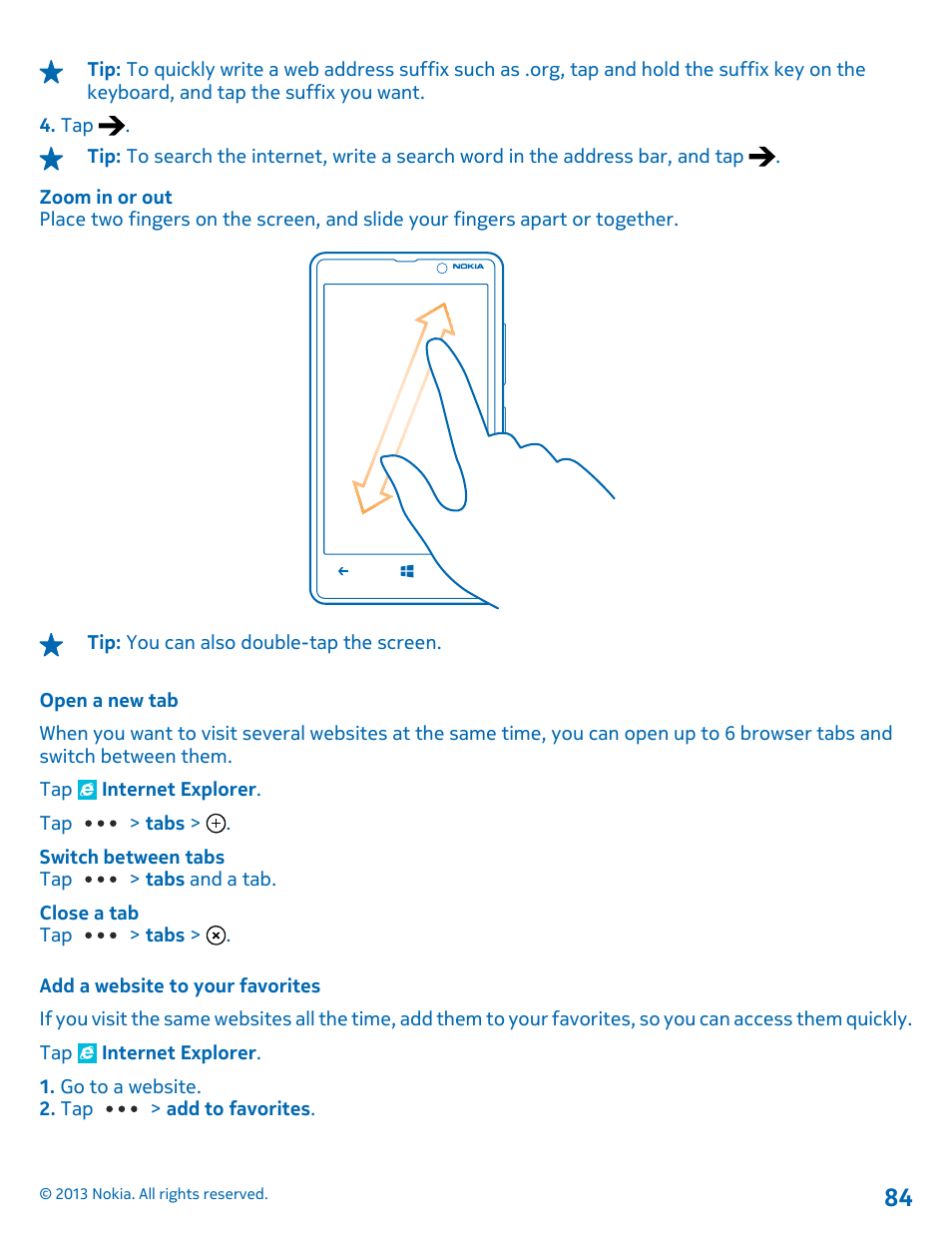 Open a new tab, Add a website to your favorites | Nokia Lumia 820 User Manual | Page 84 / 121