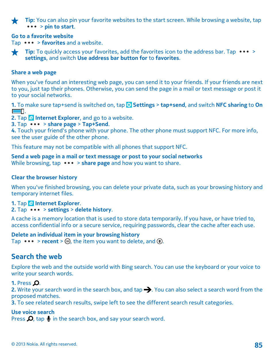 Clear the browser history, Search the web | Nokia Lumia 820 User Manual | Page 85 / 121