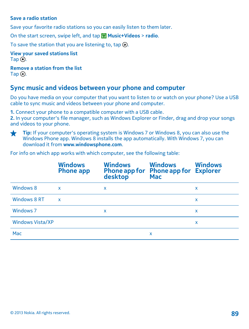 Save a radio station, Sync music and videos between your, Phone and computer | Nokia Lumia 820 User Manual | Page 89 / 121