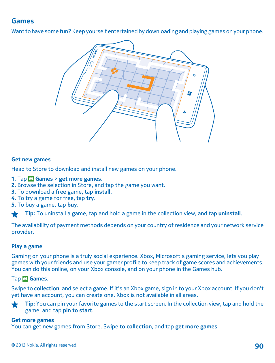 Games, Get new games, Play a game | Games 90 | Nokia Lumia 820 User Manual | Page 90 / 121