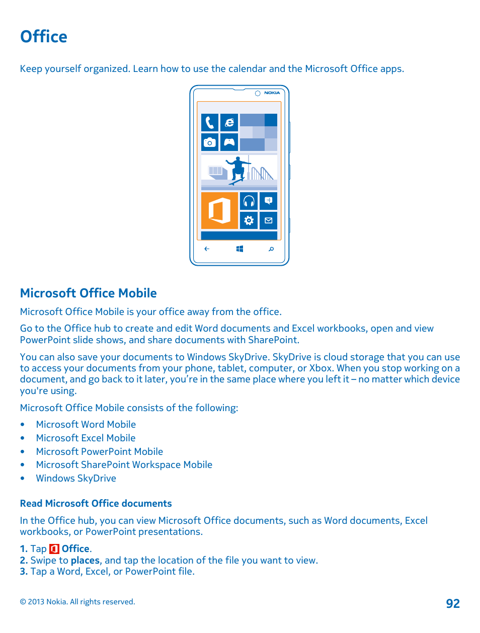 Office, Microsoft office mobile, Read microsoft office documents | Office 92 microsoft office mobile | Nokia Lumia 820 User Manual | Page 92 / 121