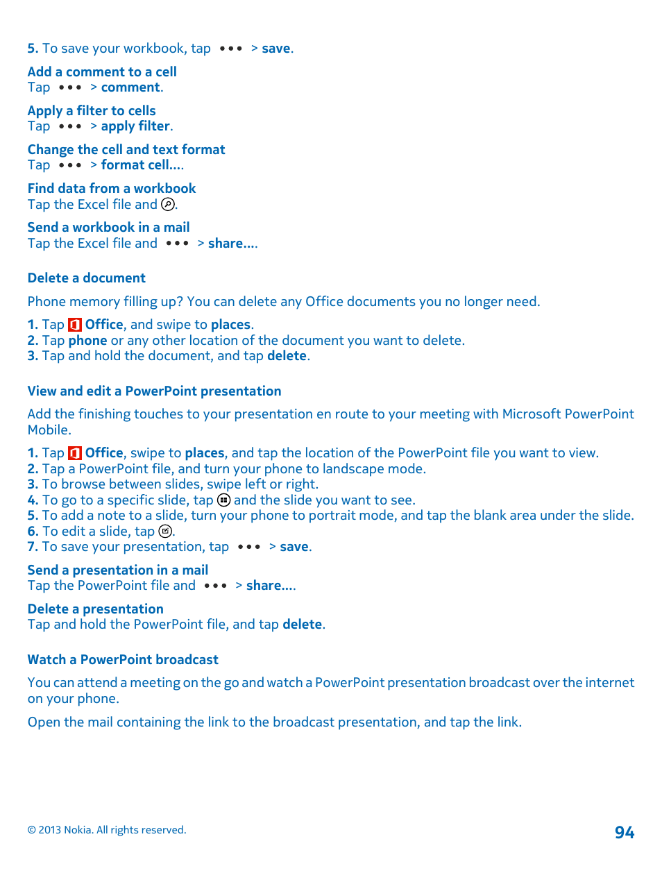 Delete a document, View and edit a powerpoint presentation, Watch a powerpoint broadcast | Nokia Lumia 820 User Manual | Page 94 / 121
