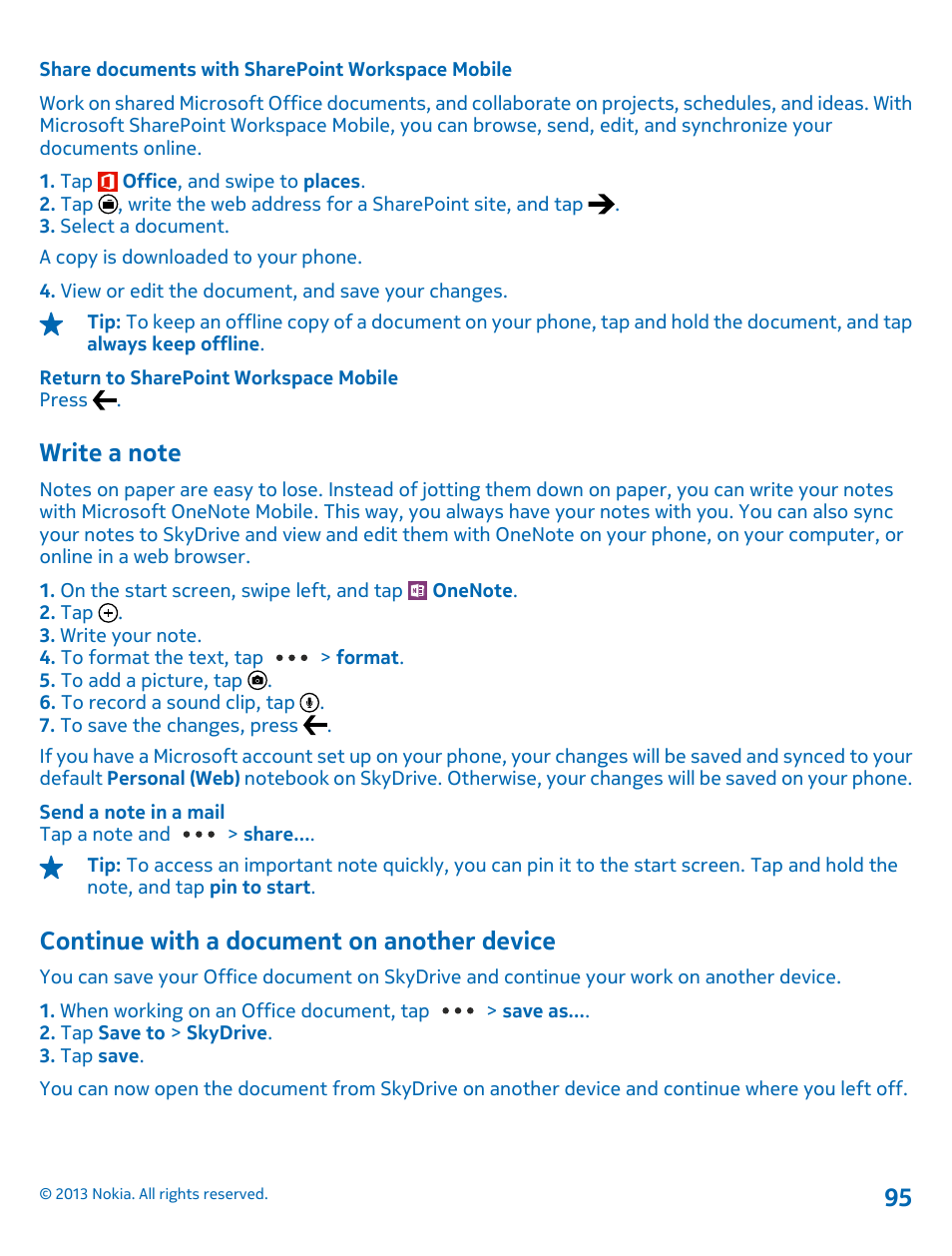 Share documents with sharepoint workspace mobile, Write a note, Continue with a document on another device | Continue with a document on another, Device 95 | Nokia Lumia 820 User Manual | Page 95 / 121
