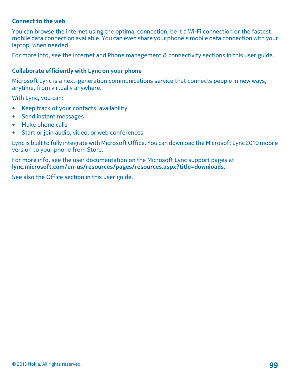 Connect to the web, Collaborate efficiently with lync on your phone | Nokia Lumia 820 User Manual | Page 99 / 121