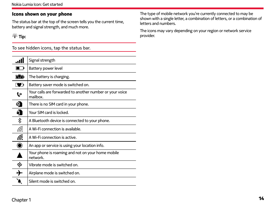 Icons shown on your phone | Nokia Lumia Icon User Manual | Page 14 / 102