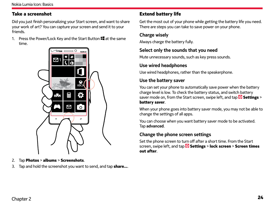 Take a screenshot, Extend battery life, Take a screenshot extend battery life | Nokia Lumia Icon User Manual | Page 24 / 102