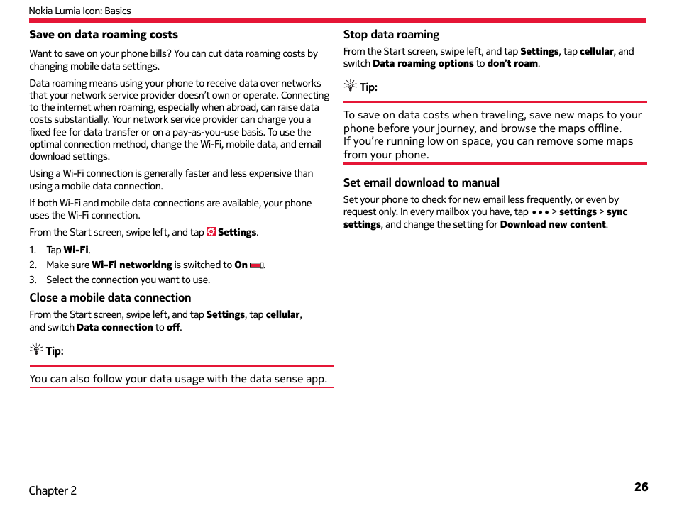 Save on data roaming costs | Nokia Lumia Icon User Manual | Page 26 / 102