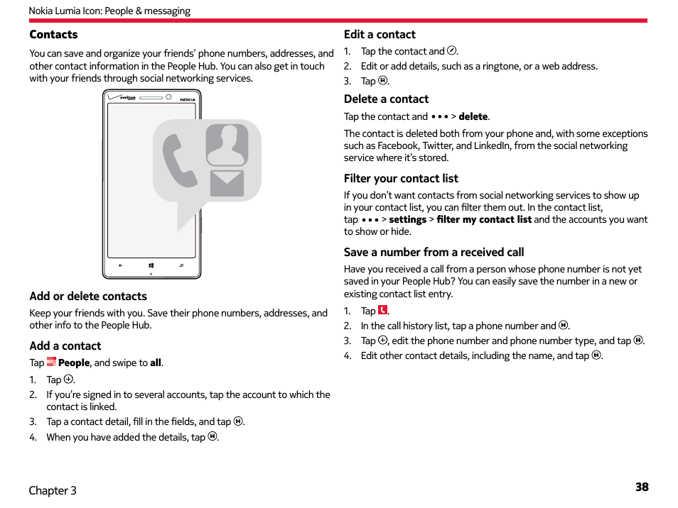 Contacts | Nokia Lumia Icon User Manual | Page 38 / 102