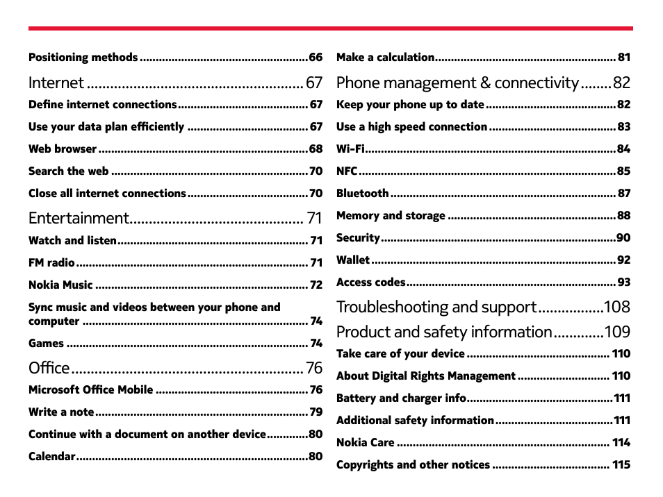 Internet, Entertainment, Office | Phone management & connectivity | Nokia Lumia Icon User Manual | Page 4 / 102