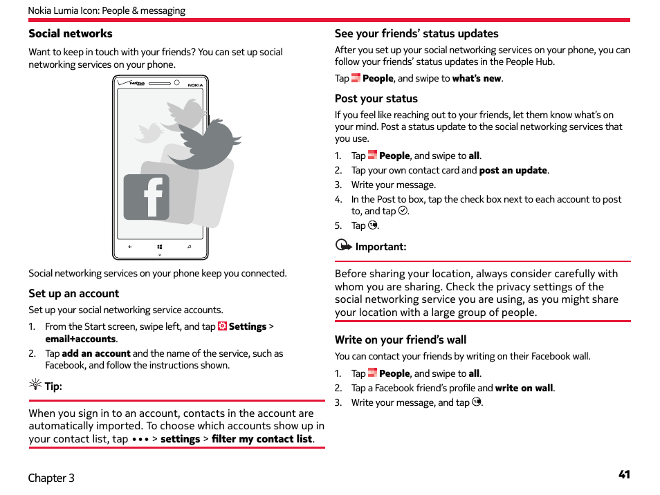 Social networks | Nokia Lumia Icon User Manual | Page 41 / 102