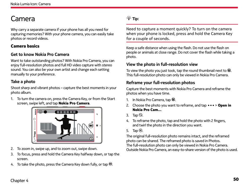 Camera, Camera basics | Nokia Lumia Icon User Manual | Page 50 / 102