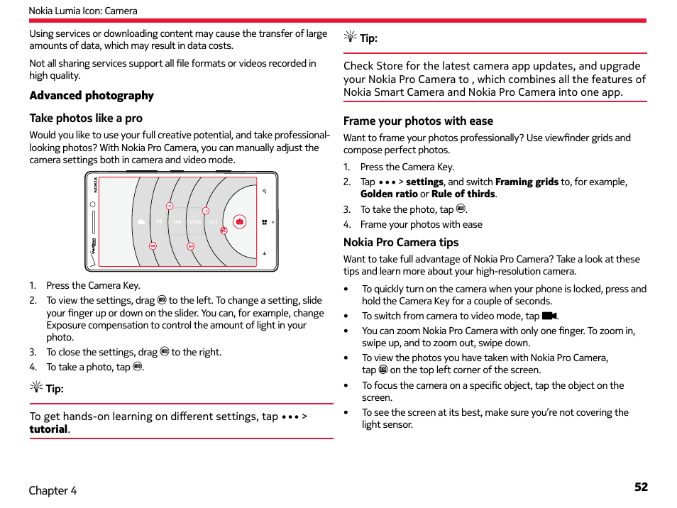 Advanced photography | Nokia Lumia Icon User Manual | Page 52 / 102