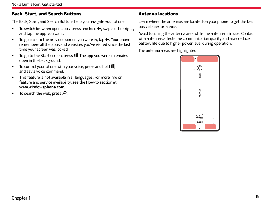 Back, start, and search buttons, Antenna locations, Back, start, and search buttons antenna locations | Nokia Lumia Icon User Manual | Page 6 / 102