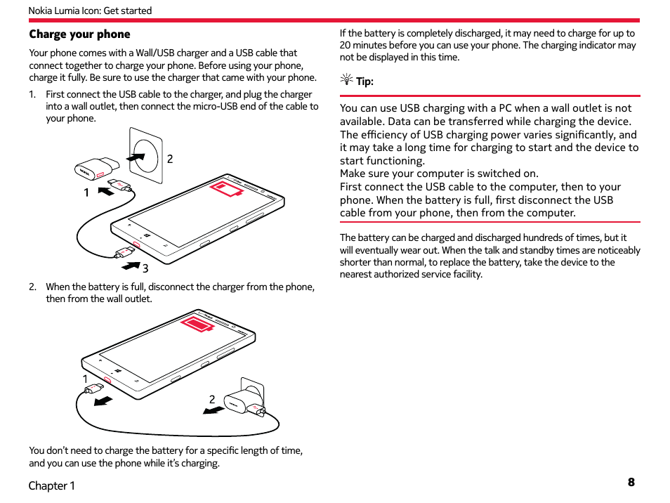 Charge your phone | Nokia Lumia Icon User Manual | Page 8 / 102