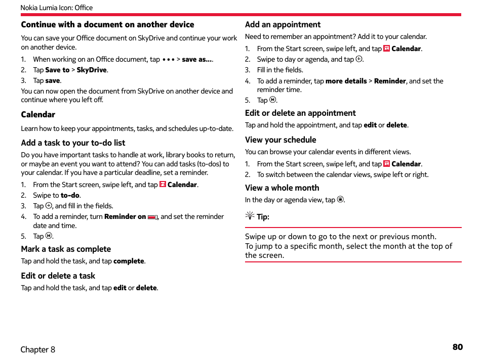 Continue with a document on another device, Calendar | Nokia Lumia Icon User Manual | Page 80 / 102