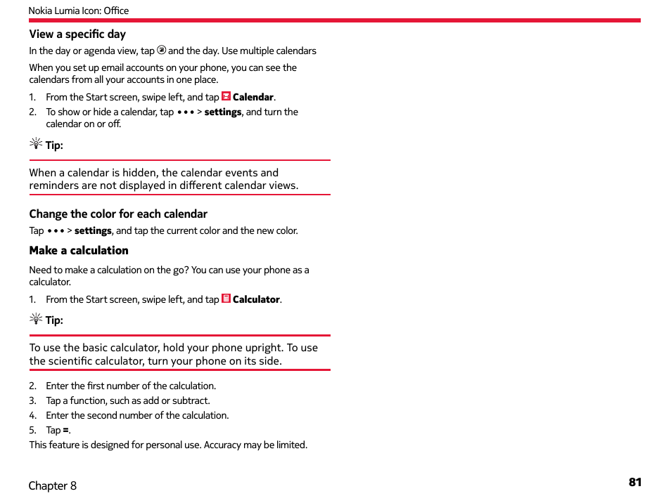 Make a calculation | Nokia Lumia Icon User Manual | Page 81 / 102