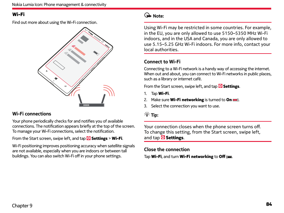 Wi-fi | Nokia Lumia Icon User Manual | Page 84 / 102
