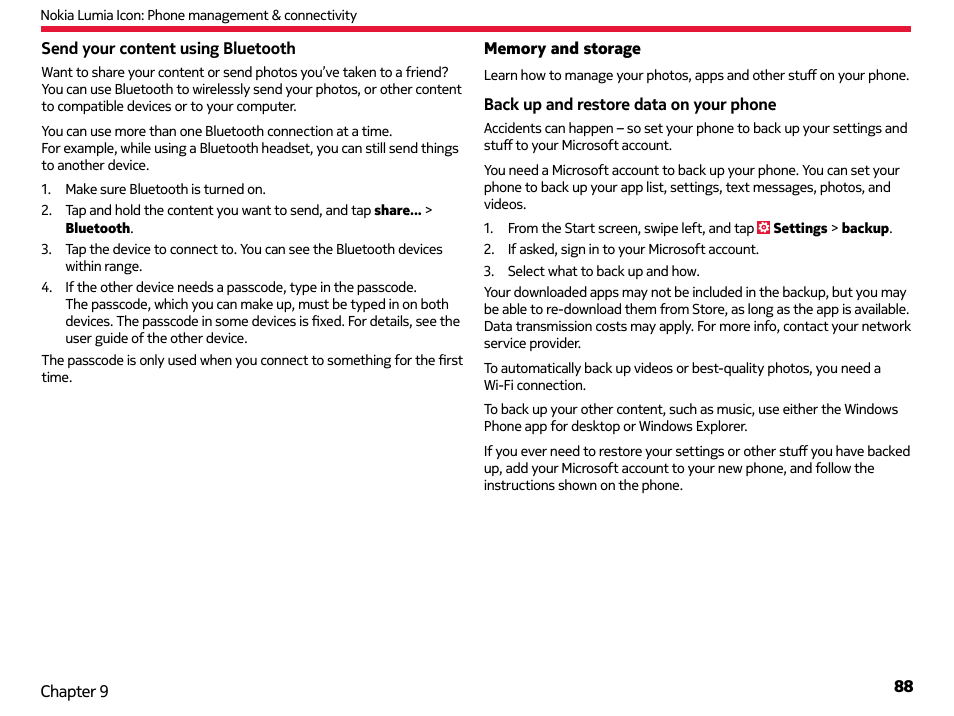 Memory and storage | Nokia Lumia Icon User Manual | Page 88 / 102