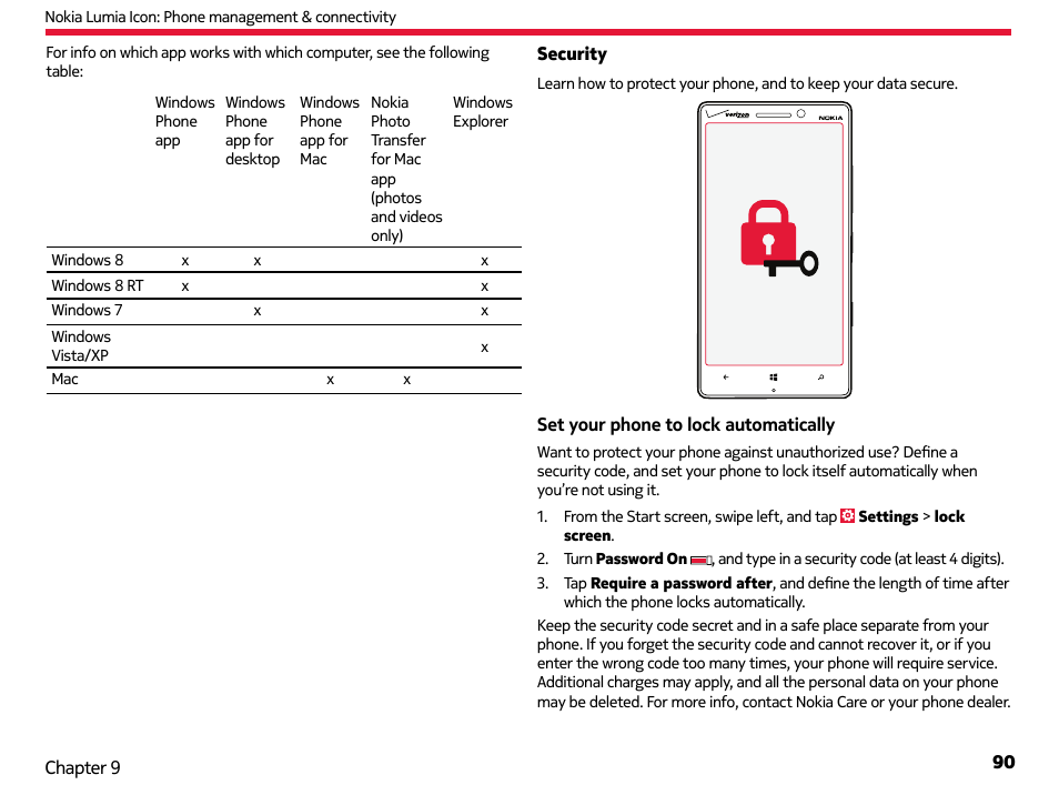 Security | Nokia Lumia Icon User Manual | Page 90 / 102